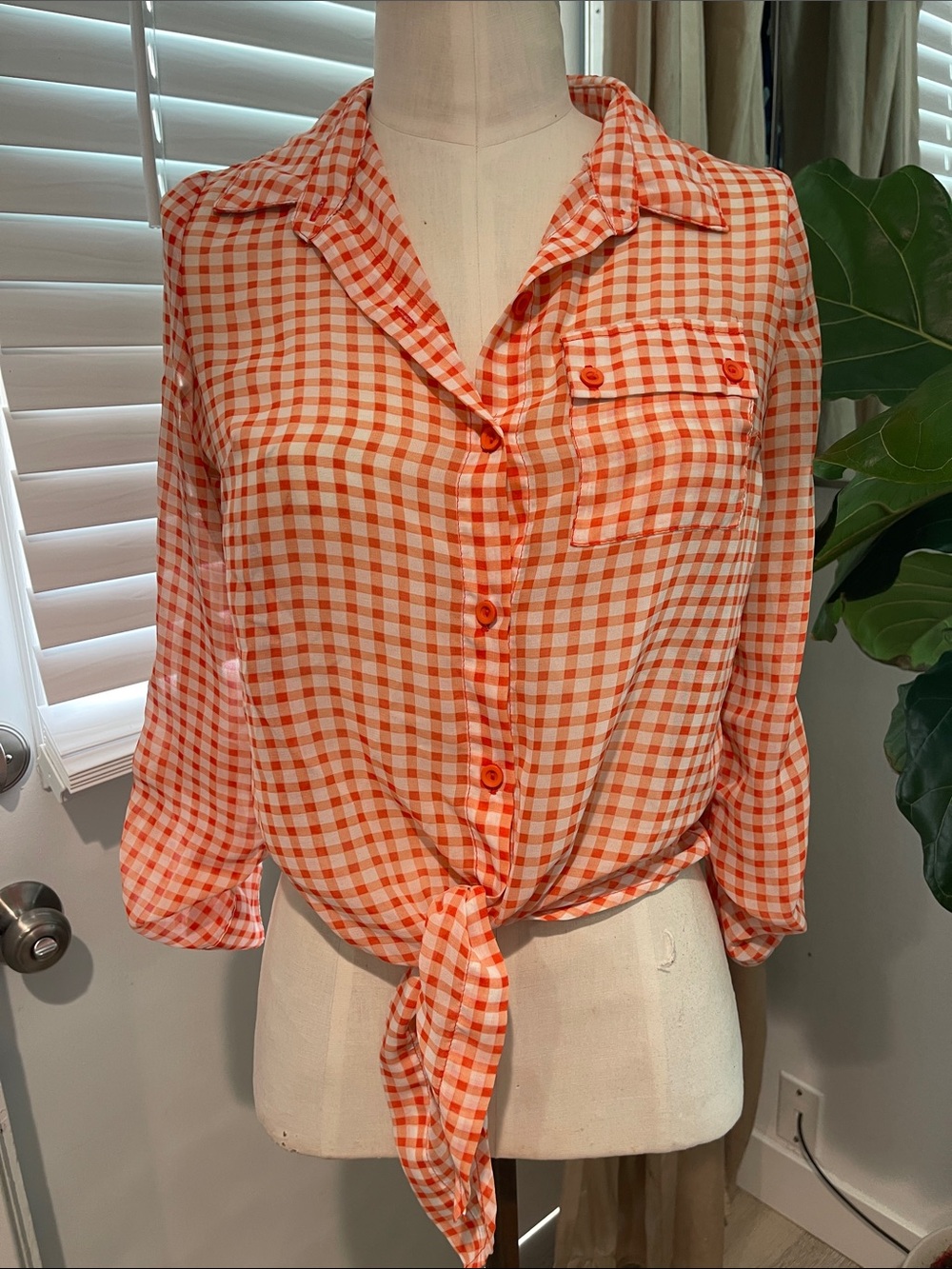 Timing Women's Sheer Orange Gingham Tie-Front Button-Up Top